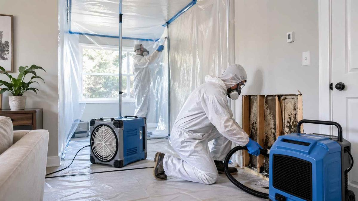 Contained mold remediation work area Workers in protective suits and respirators removing mold behind a plastic containment barrier
