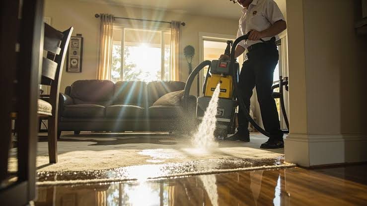 Water extraction from soaked carpet Technician using a portable extractor to pull water out of a soaked carpet